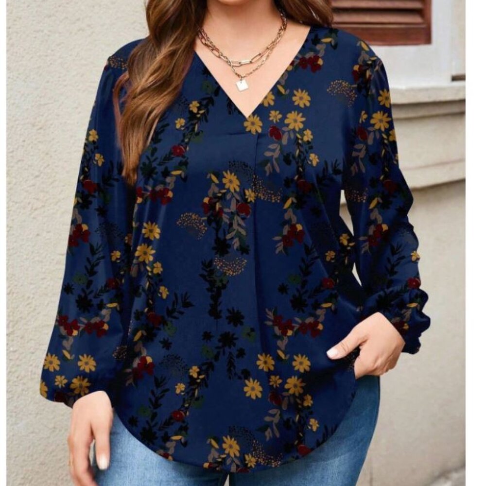 EMERY ROSE Floral Pattern V-Neck Loose Blouse For Women